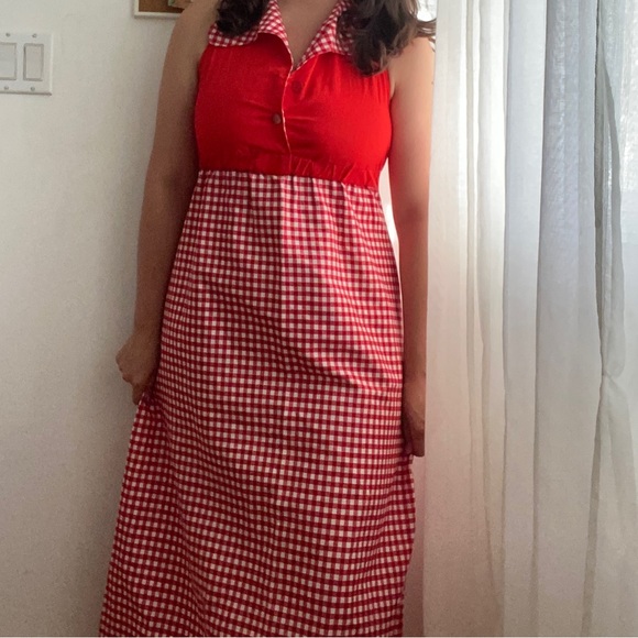 70s ´Rhapsody n Robes’ vintage red gingham maxi dress. - Picture 2 of 7